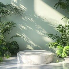 Obraz premium White Marble Pedestal with Tropical Plants and Sunlight Shadows for Product Display
