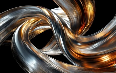 Abstract 3D Rendering of Intertwined Silver and Gold Swirls on Black Background.