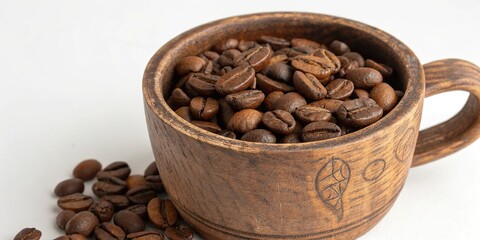 Fototapeta premium Vintage wooden cup filled with coffee beans, wood grain, vintage