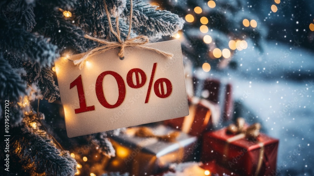 Poster a white sign with red lettering, displaying 10 hangs from a christmas tree branch. the tree is decor