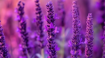 Obraz premium Selective focus on close up purple sage flowers in a vibrant summer garden creating a beautiful violet floral backdrop