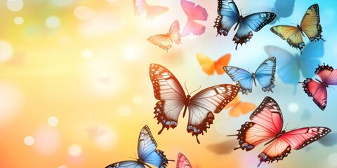 A vibrant array of colorful butterflies against a soft, dreamy background.