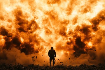 Fototapeta premium A silhouette of a person stands against a massive explosion, surrounded by flames and smoke, evoking a sense of danger and intensity.