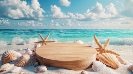 Summer Beach Scene with Wooden Podium, Seashells, and Starfish for Product Display