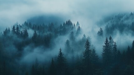 Stunning panorama of a foggy landscape in a forest featuring a dramatic scene