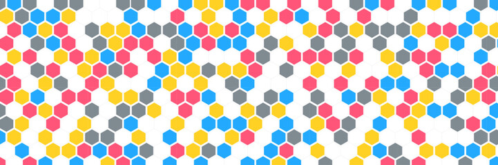 Grainy pattern composed of hexagons colorful. Honeycomb background. Isometric geometry abstraction. Aspect Ratio 3:1