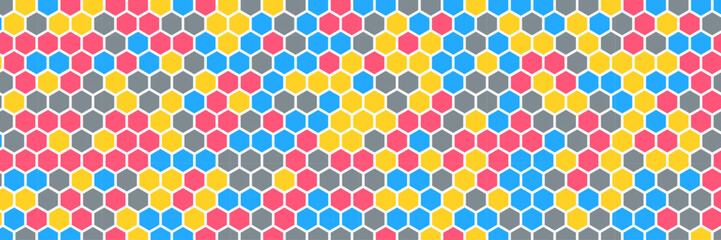 Grainy pattern composed of hexagons colorful. Honeycomb background. Isometric geometry abstraction. Aspect Ratio 3:1