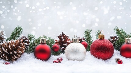 Obraz premium Festive Christmas decorations featuring ornaments and pinecones set against a snowy white backdrop for holiday celebrations