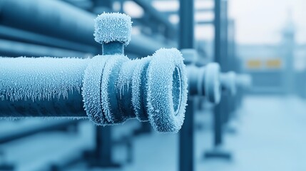 Frost-covered industrial pipes glisten in a wintry landscape, showcasing a stark contrast of textures and colors under cold conditions.