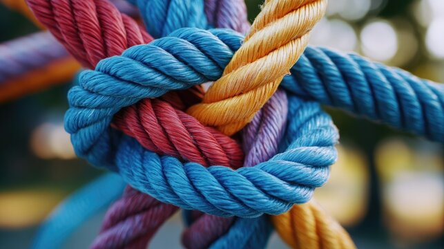 Various ropes intertwined into a knot symbolizing teamwork Blurred background with space for text