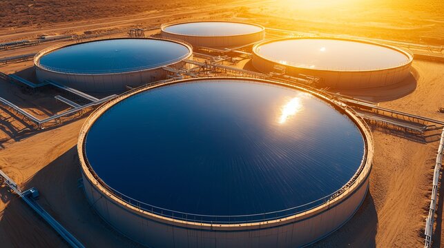 Aerial view of three large circular water tanks reflecting sunlight in a desert landscape, illustrating industrial water management.
