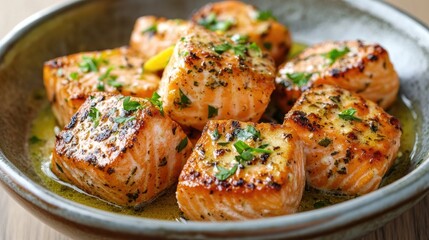 Fototapeta premium Grilled Salmon Bites with Lemon Herb Seasoning in Savory Butter Sauce garnished with Fresh Parsley served in a Ceramic Bowl
