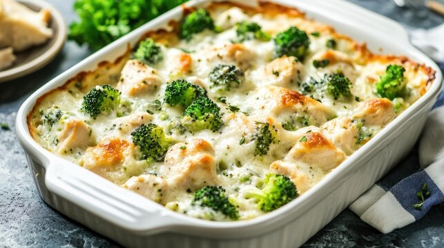 Creamy chicken and broccoli casserole in a baking dish