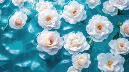 Serene summer backdrop featuring white rose flowers illuminated by vibrant blooms drifting in turquoise waters Ideal for spa and wellness themes minimalistic invitations or floral love cards