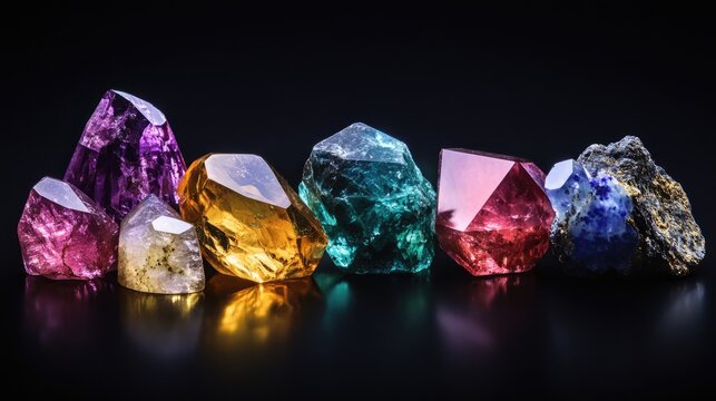 Diamond with a glossy black background showcasing a variety of natural gemstones including amethyst lapis lazuli rose quartz citrine ruby amazonite moonstone labradorite chalcedony and blue topaz