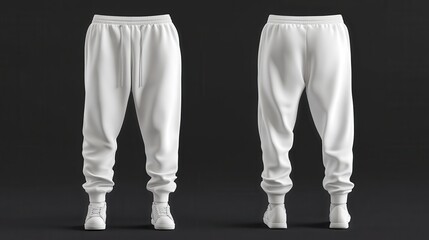 White Jogger Pants Mockup Template for Men - Front and Back View 3D Rendering.
