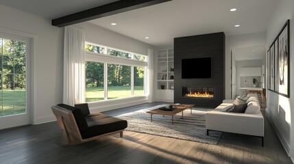 Fototapeta premium Modern Living Room with Cozy Fireplace and Natural Light