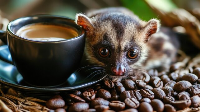 Civet coffee also known as kopi luwak is a rare and costly coffee variety made from beans processed through civet digestion showcasing unique characteristics on the coffee leaf