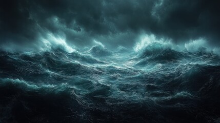 Dark, turbulent ocean waves beneath a stormy sky.