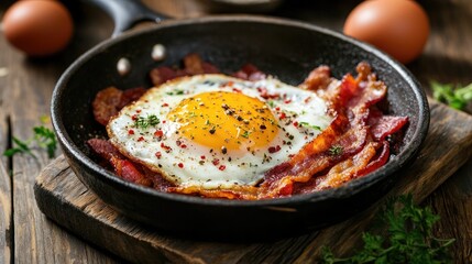 Fried egg served with bacon in a ceramic pan on a rustic wooden surface