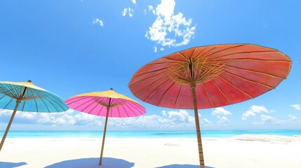 Colorful beach umbrellas and sunshades against a clear blue sky on a sandy coastline featuring bamboo and straw designs for a perfect summer getaway