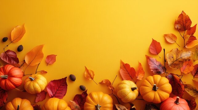 Autumn leaves and tiny pumpkins on a bright yellow backdrop creating a seasonal border design perfect for fall themed social media posts or harvest celebration invitations