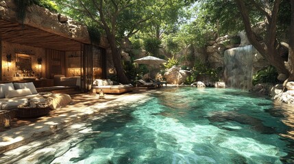 Naklejka premium Serene poolside retreat surrounded by lush greenery and waterfall.