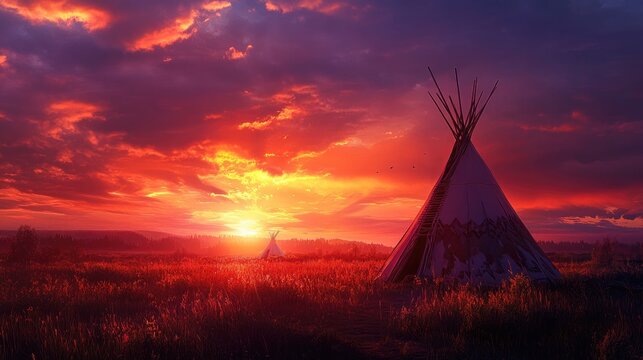 A stunning sunset creates vibrant colors in the sky above a solitary teepee