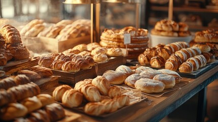Charming bakery showcase featuring an assortment of freshly baked pastries and rolls in a warm shop atmosphere