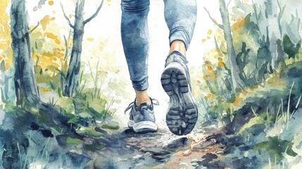 A person walking through a vibrant forest pathway, surrounded by lush greenery and sunlight filtering through the trees.