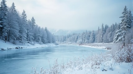 Serene Winter Landscape Featuring Frozen River Surrounded by Snow Covered Trees, Capturing Tranquility, Peaceful Nature, and Scenic Beauty in a Winter Wonderland