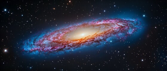 Obraz premium Breathtaking cosmic image of a vibrant swirling galaxy with glowing luminous patterns and colors in the deep starry night sky This stunning
