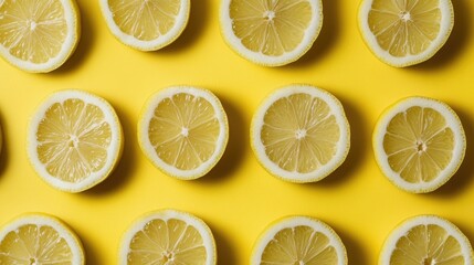 Lemon slices arranged horizontally on a vibrant yellow backdrop