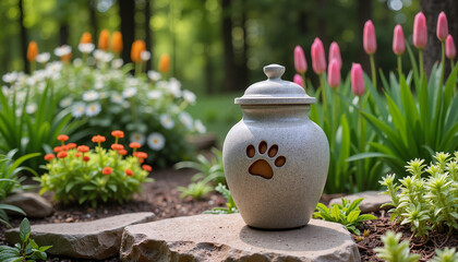 Stone pet urn with paw print in flower garden