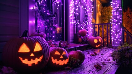 Obraz premium Halloween themed home decorations featuring pumpkins and purple lights showcased at night emphasizing vertical and seasonal outdoor decor