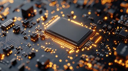 3d rendering circuit board and gold glow chip