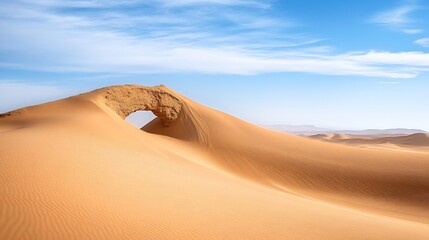Towering sand dune partially framing a majestic sandstone arch in a remote and expansive desert landscape creating a striking natural formation against a serene sky