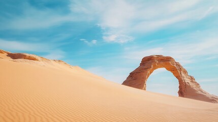 Majestic sandstone arch standing tall amidst the sweeping expanse of desert dunes offering a captivating natural wonder for adventurous explorers and nature enthusiasts