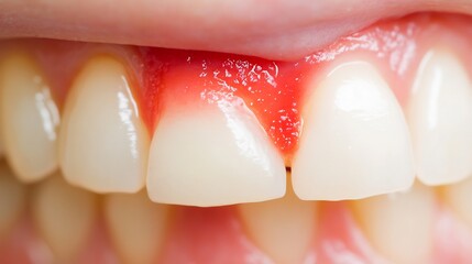 Closeup macro shot of inflamed swollen and reddened gum tissue around the teeth indicating a dental or oral health problem or infection that requires medical attention and treatment
