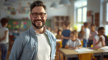 Smiling Bearded Man Enjoying Urban Sunset