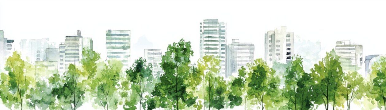 A vibrant watercolor depiction of city buildings surrounded by lush green trees, blending nature with urban life.