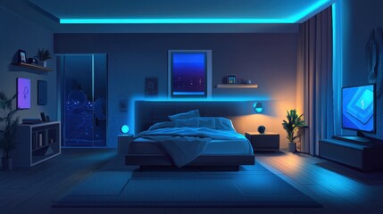 Modern Bedroom with Blue Ambient Lighting