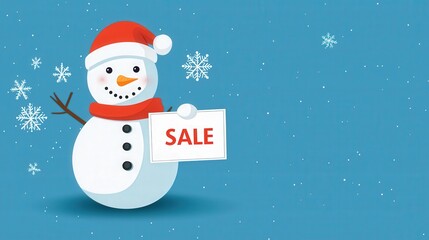 Adorable snowman holding 'Christmas Sale' sign, surrounded by snowflakes