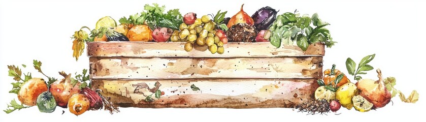 A vibrant watercolor illustration of assorted fruits and vegetables overflowing from a wooden crate, representing fresh harvest abundance.
