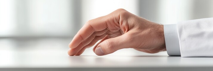 A human hand resting on a surface, suggesting contemplation or interaction.