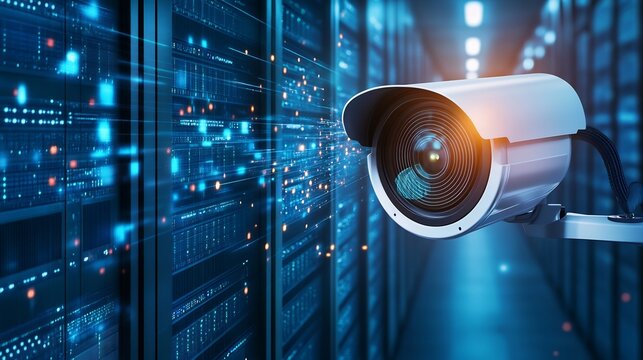 Close up view of a modern digital surveillance monitoring and capturing data from a secure server infrastructure in a data center  The concept of cybersecurity connectivity