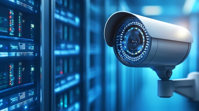 Close up of a high tech digital surveillance focused on a secure server room in a modern data center with a blue tinted futuristic tech environment  Concept of video monitoring data security