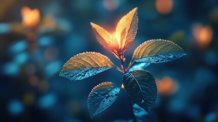 budding leaves with dark neon light effect 3d rendering
