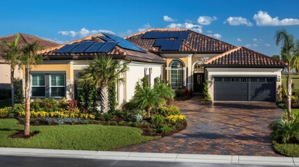 Obraz premium Modern Home Exterior with Solar Panels and Landscaping