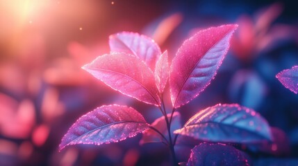 budding leaves with dark neon light effect 3d rendering
